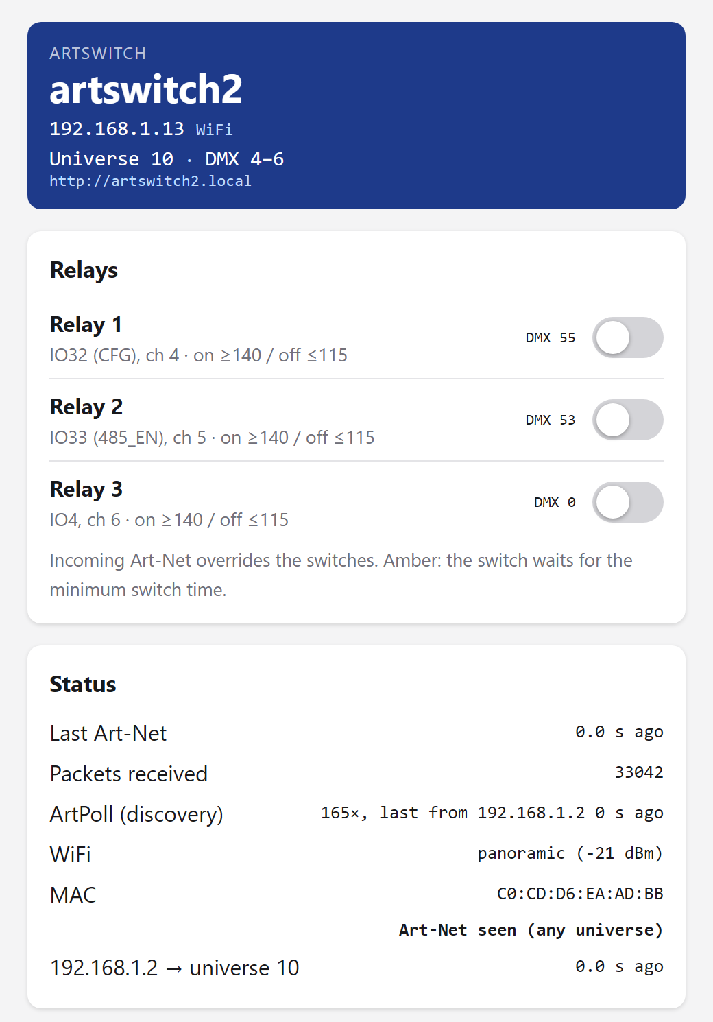 ArtSwitch web interface showing three relay switches, live DMX values and network status