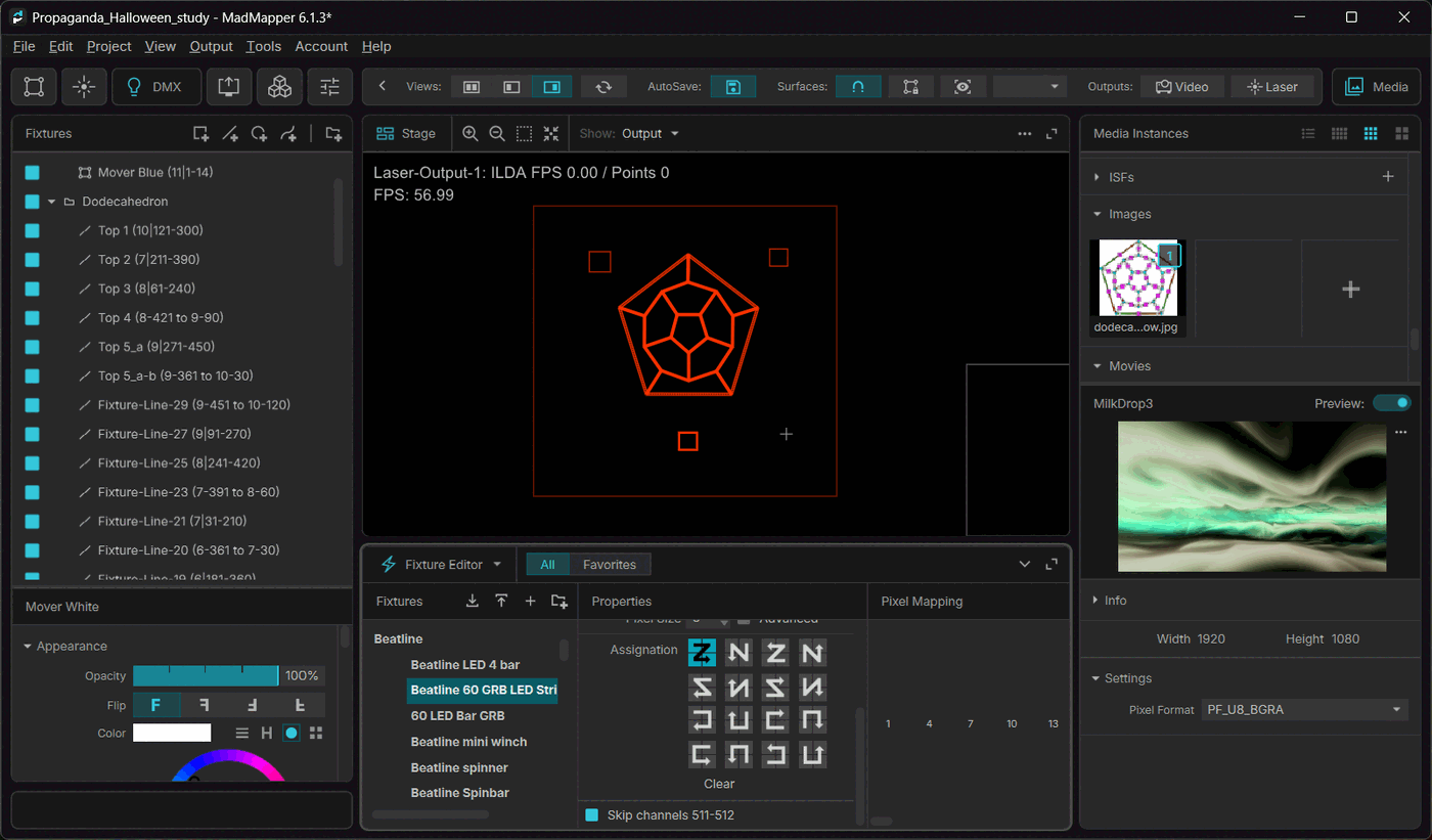 MadMapper showing a dodecahedron rig exported from Beam — flattened to a 2D outline on the stage, with the Beatline fixture library and per-fixture DMX addresses in the fixture list