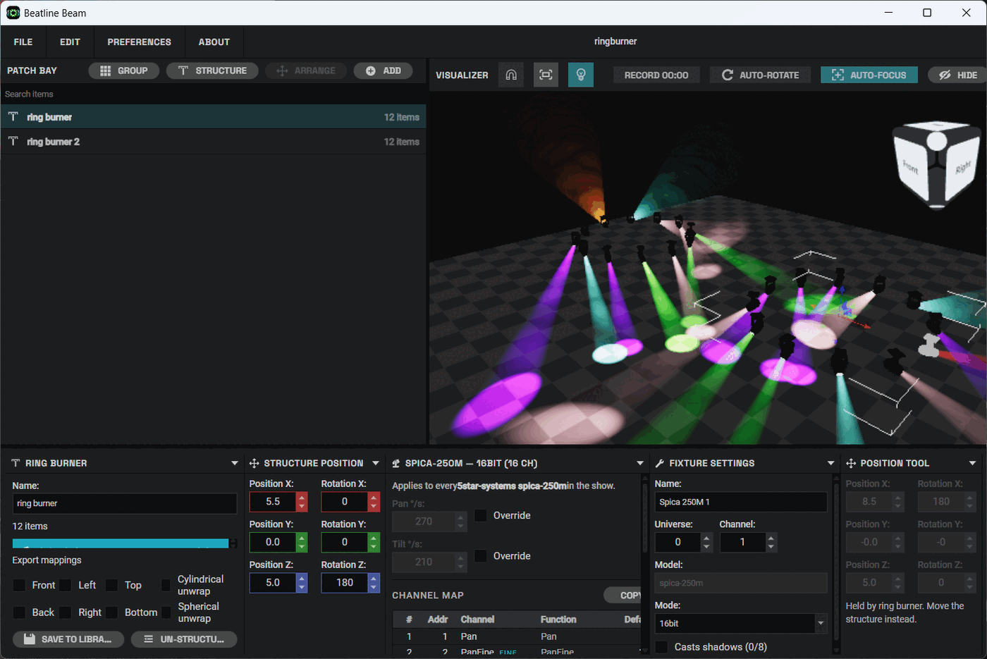Beatline Beam rendering a rig of moving heads in a real-time 3D viewport
