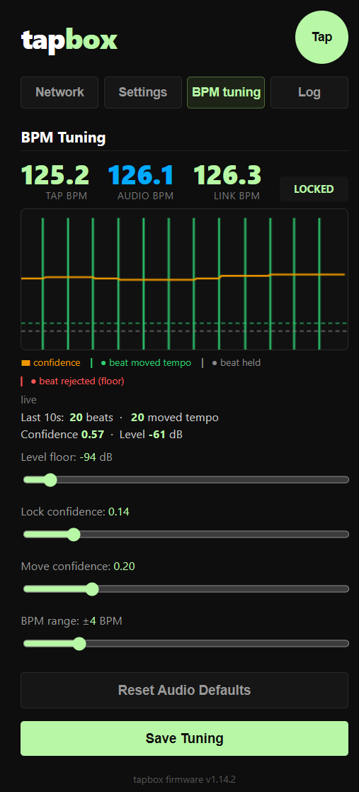 TapBox web configuration interface showing live BPM tuning